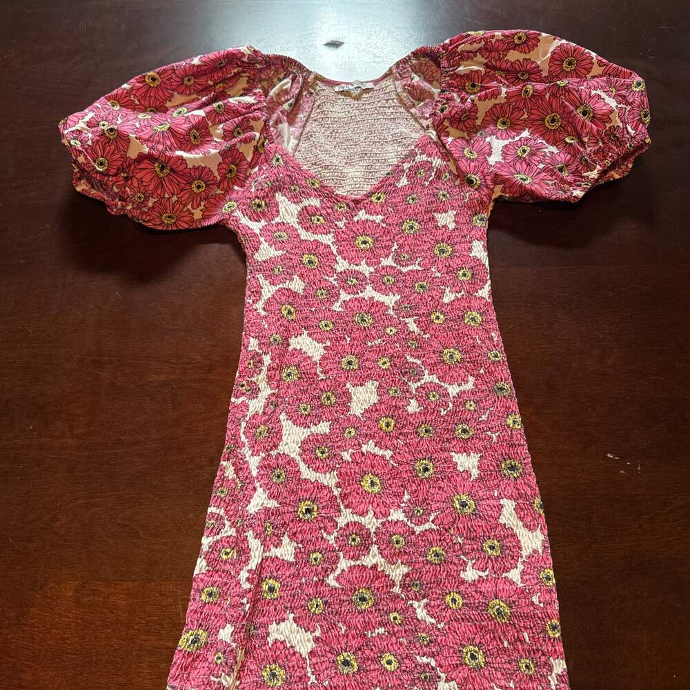 Zara Pink Floral Smocked Balloon Puff Sleeve Mini Dress